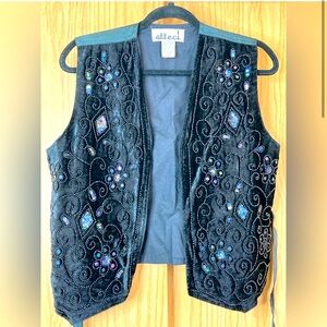 Effeci Vintage 80s Beaded & Sequined Vest Size Medium Black Tie Back